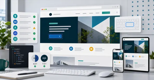 Website interface being reviewed for accessibility, contrast, keyboard navigation and semantic structure