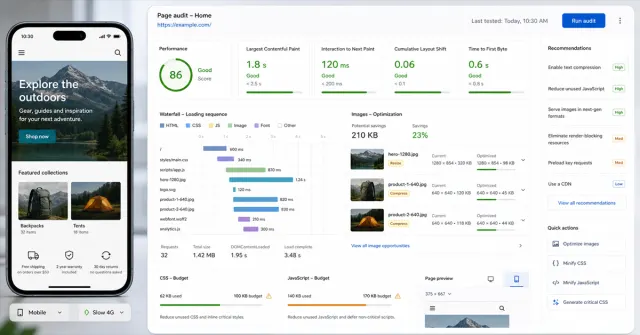 Interface de auditoria de performance mobile com celular, metricas de velocidade, imagens, scripts e linha de carregamento