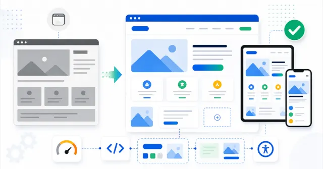 Web interface being modernized with responsive components, code and performance indicators